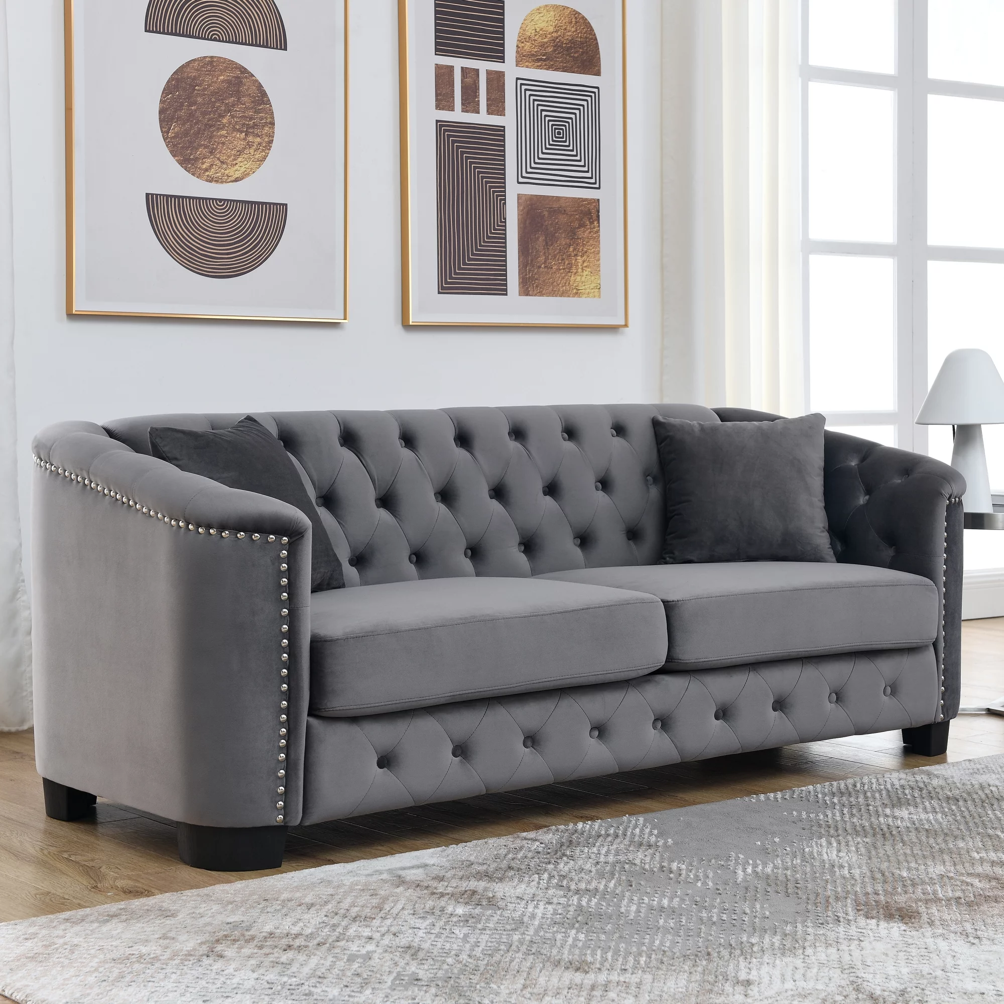77-Inch Modern Chesterfield Velvet Sofa, 3-Seater Sofa, Upholstered Tufted Backrests with Nailhead Arms and 2 Cushions for Living Room, Bedroom, Apartment, Office (Grey) - Image 2