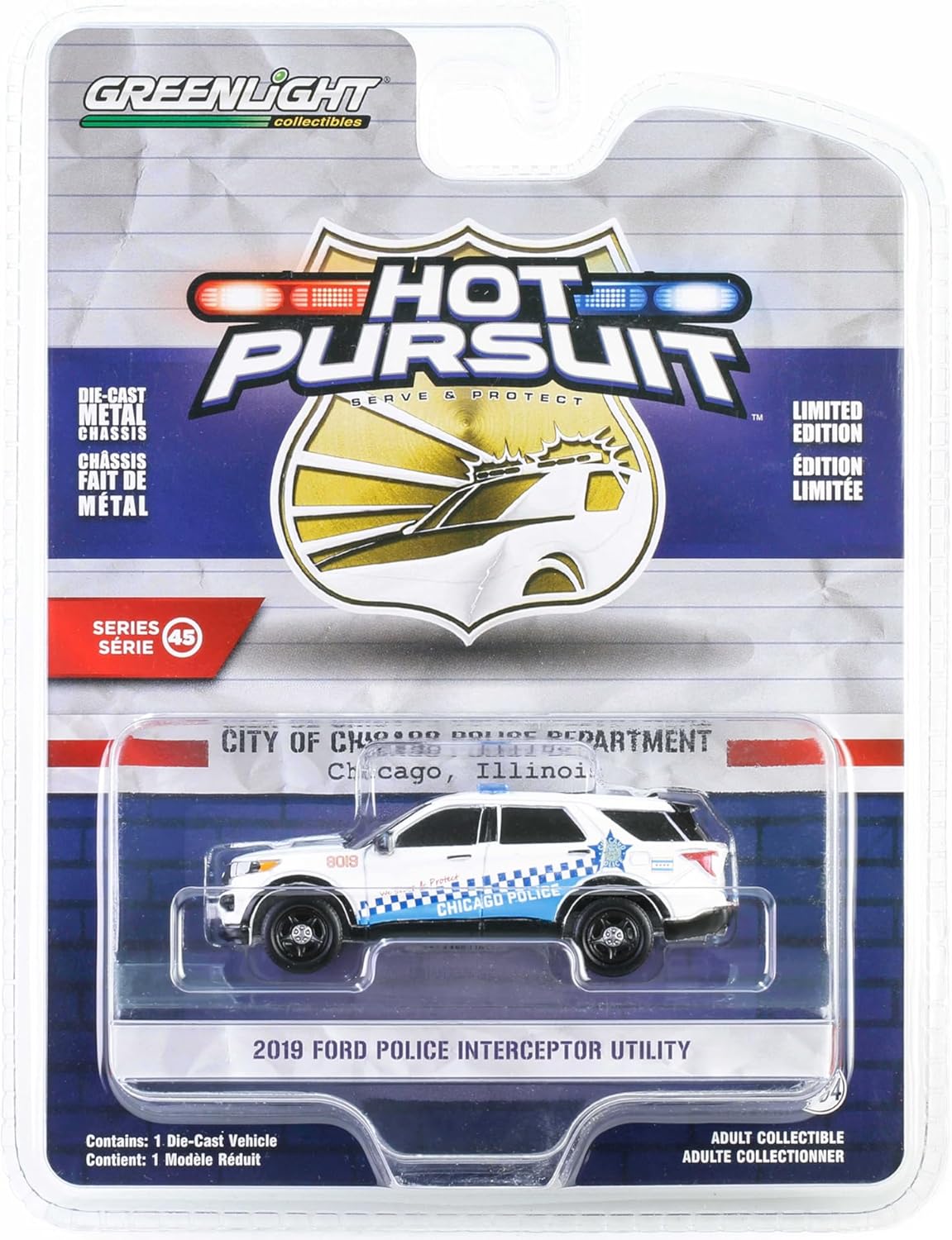 2019 Police Interceptor Utility White with Blue Graphics City of Chicago Police Department – Chicago, Illinois Hot Pursuit Series 45 1/64 Diecast Model Car by Greenlight 43030D