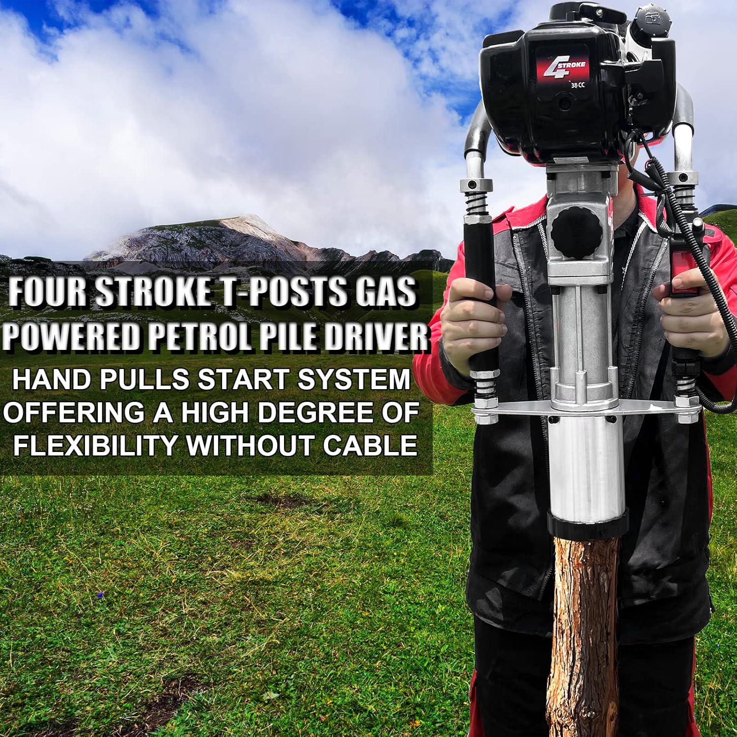 Gas Powered 4-Stroke T Post Driver Hammer Drills, 37.7CC Gasoline Engine Pile Driver, Air Cooling Single Cylinder Gasoline Petrol Garden Fencing Tool Machine with 2 Post Driving Head - Image 3